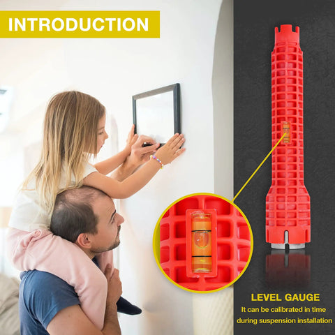 Child on adult's shoulders mounting a picture on wall, close-up of red level gauge, caption 'Level Gauge' highlighting tool's accuracy.