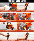 Instructions for starting Gas Powered Backpack Leaf Blower with 550 CFM and 230 MPH airflow, showing step-by-step process.