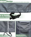 Beefy 600D Round Outdoor Furniture Cover Waterproof for patio table and chairs, grey, showing buckle lock, air vents, and drawstring clasp.