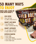 New Orleans Style Cold Brew Kit With Chicory Pouches And 100 Percent Arabica Ground Coffee, shown with recipes and coffee drink