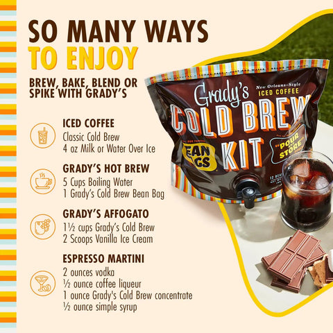 New Orleans Style Cold Brew Kit With Chicory Pouches And 100 Percent Arabica Ground Coffee, shown with recipes and coffee drink