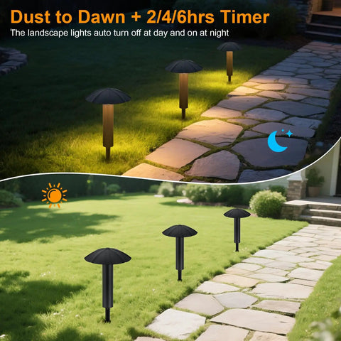 8 Pack Low Voltage Landscape Lighting Kit With EZ All In One Setup For Quick Install Dusk To Dawn Auto On Off Timer 3W Outdoor Waterproof Metal Pathway Lights For Garden Yard Walkway Driveway ETL Transformer Remote Stakes Included lighting up a stone walkway at sunset
