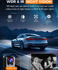 Car driving at night with dash cam features displayed, including cabin IR, showing 3 Channel WiFi Dash Cam With Front, Rear And Cabin Cameras, 2.5K Plus 1080P Front And Inside Footage, G-Sensor, Loop Recording, 24H Parking Mode, SD Card Not Included, Road-Ready Car Dash Cam For Everyday Trips.