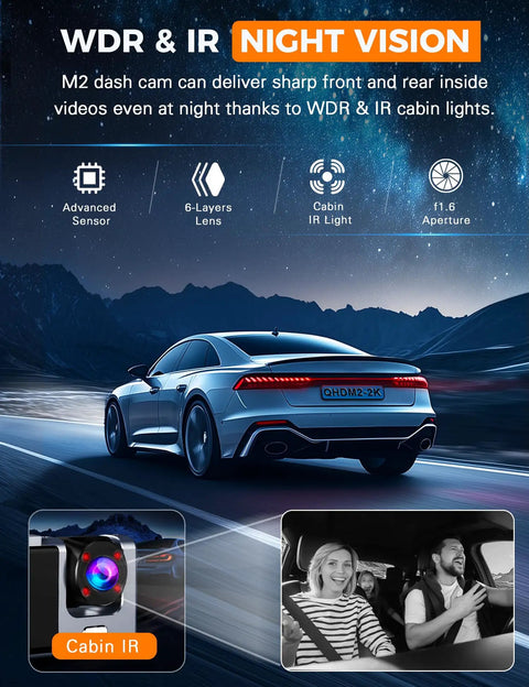 Car driving at night with dash cam features displayed, including cabin IR, showing 3 Channel WiFi Dash Cam With Front, Rear And Cabin Cameras, 2.5K Plus 1080P Front And Inside Footage, G-Sensor, Loop Recording, 24H Parking Mode, SD Card Not Included, Road-Ready Car Dash Cam For Everyday Trips.