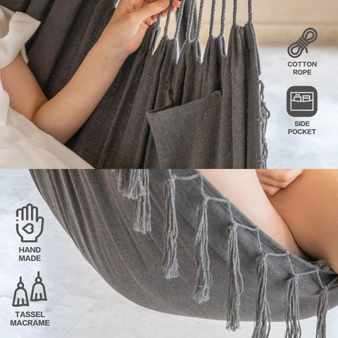 Close-up of hammock chair material with cotton rope and side pocket, showing tassel macrame, handmade design. Dark Gray fabric.