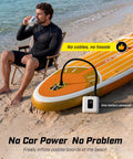 Man sitting on beach with Cordless Electric Paddle Board Pump With Auto Off And Dual Stage Inflation Deflation 7 Nozzles For SUPs