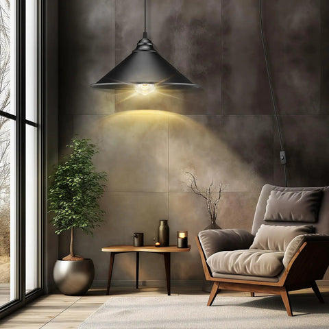 Knockout Black Plug In Pendant Light With Adjustable 13 Ft Copper Cord And UL Certified E26 Socket illuminating a cozy reading nook.