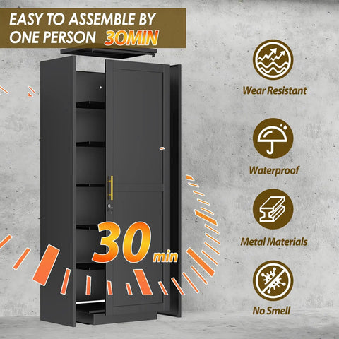 Tall Narrow Metal Storage Cabinet with Lock for Home Office School Garage or Gym, open steel locker with 5 shelves, waterproof design.