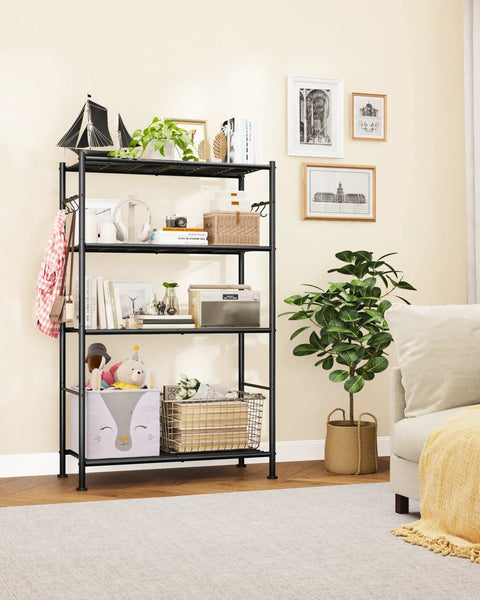Kick Clutter Out With These Four Tier Storage Shelves Packing Six Tough As Nails Hooks And Self Leveling Feet No Sweat Assembly Rust Proof Steel Organizer Rack For Garage Kitchen Bedroom Black with decorative items.