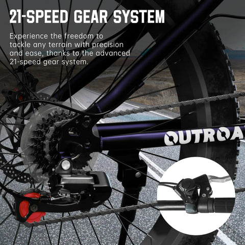 Close-up of 21-speed gear system on Beefy Fat Tire 26-Inch Mountain Bike With 21-Speed Drivetrain, 4-Inch Fat Tires, Purple