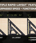 Solid As Nails Seven And A Half Inch Rafter Square with laser etched measurements showing wall, LVL, and lumber layouts.