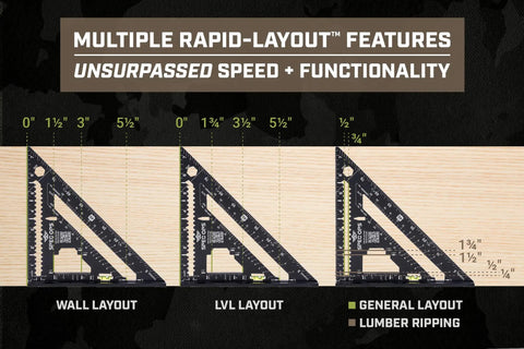 Solid As Nails Seven And A Half Inch Rafter Square with laser etched measurements showing wall, LVL, and lumber layouts.