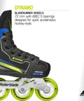 Close-up of Dynamo Kids Adjustable Inline Skates showing black boot with lime details and aluminum frame on lime wheels.