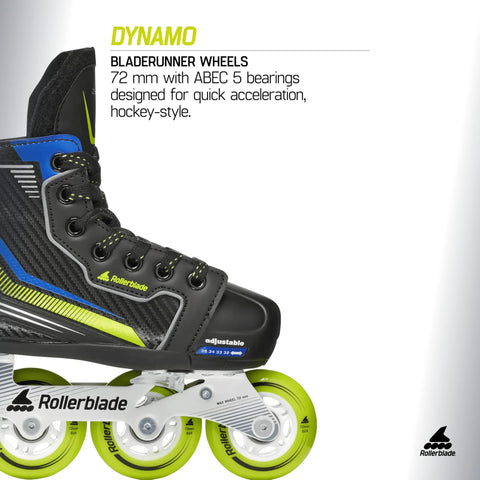 Close-up of Dynamo Kids Adjustable Inline Skates showing black boot with lime details and aluminum frame on lime wheels.