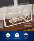 Roadster 2.5D Wooden Puzzle Kit With Movable Parts Frame For Wall Display And Hands On Adult Build showing dimensions
