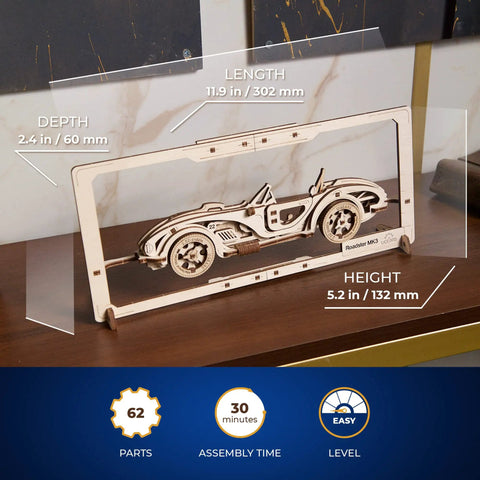 Roadster 2.5D Wooden Puzzle Kit With Movable Parts Frame For Wall Display And Hands On Adult Build showing dimensions