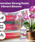 Liquid Orchid Fertilizer For All Orchid Species And Types, Quick Acting Plant Food That Boosts Growth And Big Blooms, Nutrient Rich Formula With Natural Ingredients, 1 Gallon, orchid bottle beside blooming potted orchid