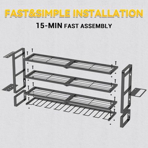 Exploded view of 4 Layer Extra Tall Power Tool Organizer Wall Mount 400lbs Capacity Heavy Duty Metal Rack With 8 Cordless Drill Holders