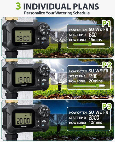 Programmable Garden Hose Water Timer display with three individual plans, showing cycle modes for outdoor irrigation scheduling.