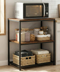 Built Tough Kitchen Island With Three Deep Storage Shelves And Reinforced Metal Frame, Spacious workbench with microwave and organized shelves.