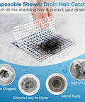 Disposable Shower Drain Hair Catcher Pack 25 Mesh Discs 4.1 Inch Hair Catchers For Shower Clog Prevention shown trapping hair in drain