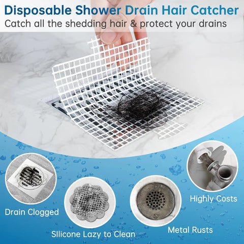 Disposable Shower Drain Hair Catcher Pack 25 Mesh Discs 4.1 Inch Hair Catchers For Shower Clog Prevention shown trapping hair in drain