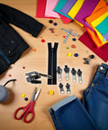 Universal Zipper Repair Kit 6 Pack With Replacement Sliders And Seam Ripper Easy Quick Fix For Coats And Jackets Works With Most Zippers Handy Arts Crafts Sewing Repair Tools displayed on a colorful crafting table with a coat and jeans.