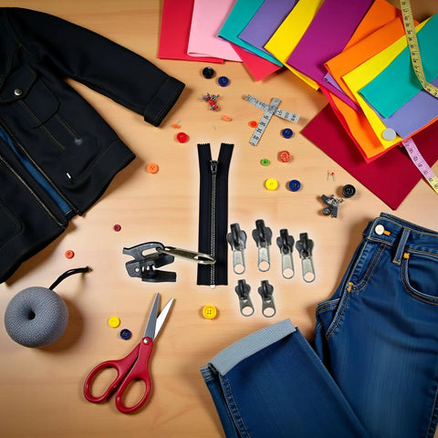 Universal Zipper Repair Kit 6 Pack With Replacement Sliders And Seam Ripper Easy Quick Fix For Coats And Jackets Works With Most Zippers Handy Arts Crafts Sewing Repair Tools displayed on a colorful crafting table with a coat and jeans.