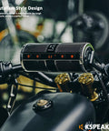 Beefed Up Dual Motorcycle Bluetooth Speakers Waterproof Radio Audio System With Built In Amplifier For ATV Scooter Bike 12 Volt Vehicle 3 Inch Metal MP3 Player Unit mounted on handlebars.