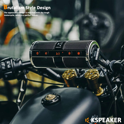 Beefed Up Dual Motorcycle Bluetooth Speakers Waterproof Radio Audio System With Built In Amplifier For ATV Scooter Bike 12 Volt Vehicle 3 Inch Metal MP3 Player Unit mounted on handlebars.