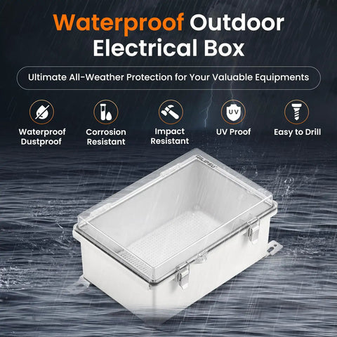 IP67 Waterproof Outdoor Junction Box Enclosure with hinged clear cover, shown in rain, demonstrating durability for electrical projects