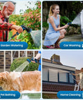 Garden hose 100ft with blue spray nozzle; leak-proof connectors; for watering, car wash, pet bathing, home cleaning.