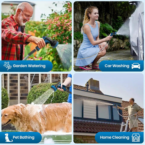 Garden hose 100ft with blue spray nozzle; leak-proof connectors; for watering, car wash, pet bathing, home cleaning.