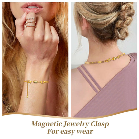Magnetic Necklace Clasp Set With Double Lobster Clasps, 14K Gold And Silver Extenders For Women shown on wrist and neck