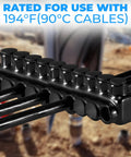 Rock Solid Dual Entry Wire Connectors With Ten Heavy Duty Ports And Slick Black Vinyl Protective Sleeve For Copper Or Aluminum Wiring, close-up view.