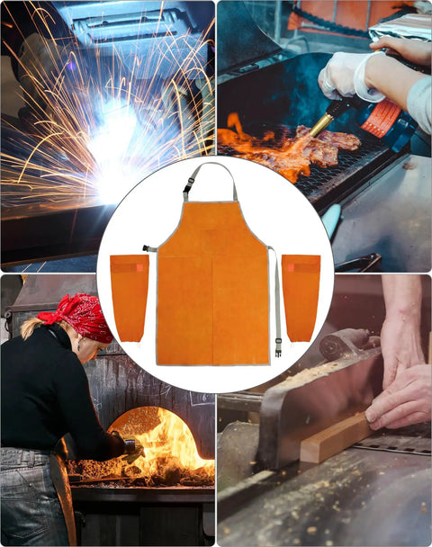 Welding Apron And Sleeves Set With Front Pockets For Heat And Flame Resistant Leather Shop Wear For Welders Blacksmiths Fireplace BBQ Gardening And Safety Bib Apron shown with welding, blacksmithing, grilling, and woodworking scenes