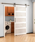 Sliding Barn Door With Frosted Glass White Finish, 30 Inch By 84 Inch, Five Lite Design in a laundry room, waterproof PVC surface.