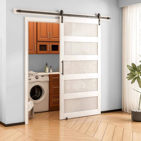 Sliding Barn Door With Frosted Glass White Finish, 30 Inch By 84 Inch, Five Lite Design in a laundry room, waterproof PVC surface.