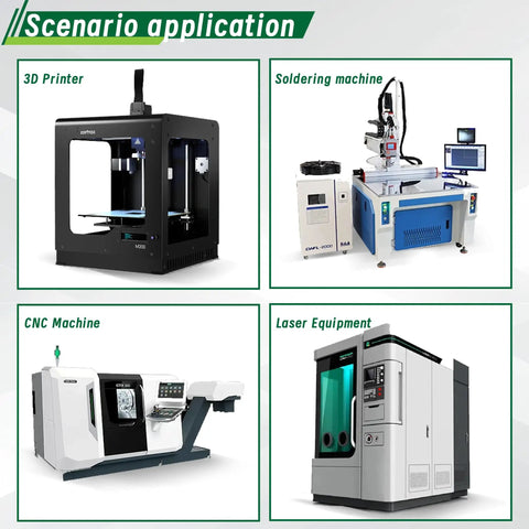 Scenario application showing 3D printer, soldering machine, CNC machine, and laser equipment setup.