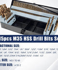 115 Piece Jobber Drill Bit Set Built With M35 High Speed Steel And 5 Percent Cobalt, 135 Degree Point, shown in open storage box