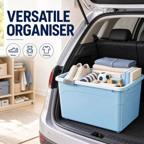 Hassle Free Stackable Storage Bins With Slick Rolling Wheels And Secure Tight Fitting Lids tailored for crunching clutter closets dorm rooms and garage use in a trunk with shoes and clothes.