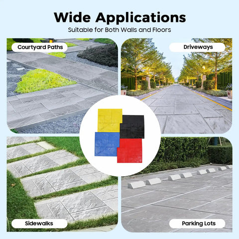 Four Piece Concrete Stamp Set With PU Stone Texture Imprint Skin, 24 By 24 Inches, for patio driveways, walkways shown in use