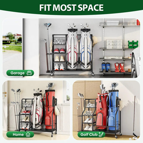 Heavy Duty Golf Storage Organizer For Garage With Lockable Wheels 3 Tier Shelves And Removable Hooks For Golf Bags Clubs Shoes