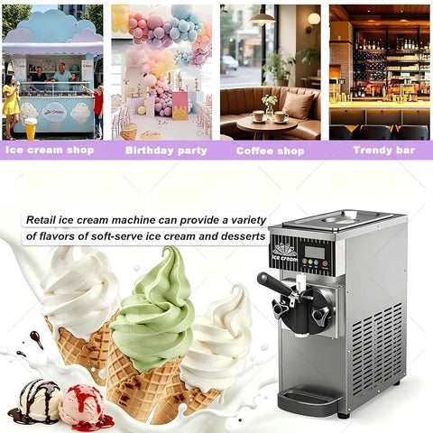 Heavy Duty Commercial Ice Cream Machine showing soft-serve cones, designed for cafes and milk tea shops, pro grade block maker.