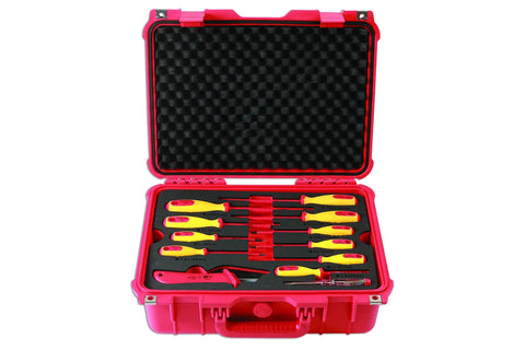 VDE Tool Kit 50 Piece Pro Grade With Sixteen Three-Eighths Inch Drive Sockets in red case with insulated screwdrivers visible
