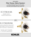 Rite Temp Shower Trim Kit With Push Button Diverter, showing required valve system K-11748-K-NA and K-11748-KS-NA options