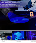 365Nm UV Flashlight Beast Workhorse shining on crime scene evidence, highlighting fingerprints and footprints in dark environment.