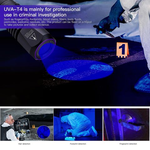 365Nm UV Flashlight Beast Workhorse shining on crime scene evidence, highlighting fingerprints and footprints in dark environment.
