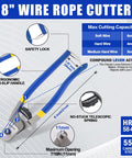 8 inch cable cutter with blue ergonomic handles, labeled cutting capacities, and telescopic spring from Beefy 4 Piece Cutter Set For Every Cut Job.