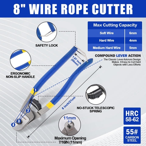 8 inch cable cutter with blue ergonomic handles, labeled cutting capacities, and telescopic spring from Beefy 4 Piece Cutter Set For Every Cut Job.